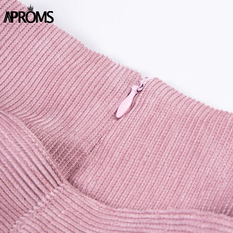 Aproms розовая Вельветовая мини-юбка с высокой талией, Женская Осенняя юбка с разрезом и поясом, Женская высокая уличная мода, короткая трапециевидная юбка