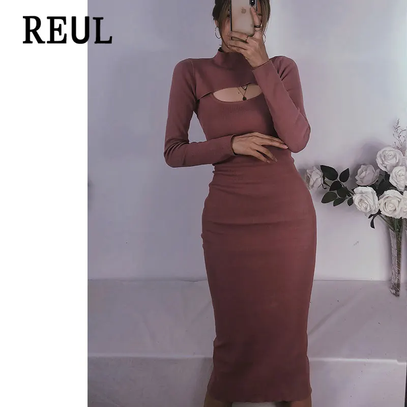 

Женское трикотажное платье-миди REUL Za, розовое винтажное мягкое платье с V-образным вырезом и длинным рукавом, осень 2021