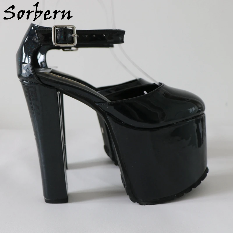 Sorbern Holo Glitter Women Pump Block High Heels Ankle Straps TPU Rubber Sole Thick Platform Chunky Heeled Shoes Fetish Style