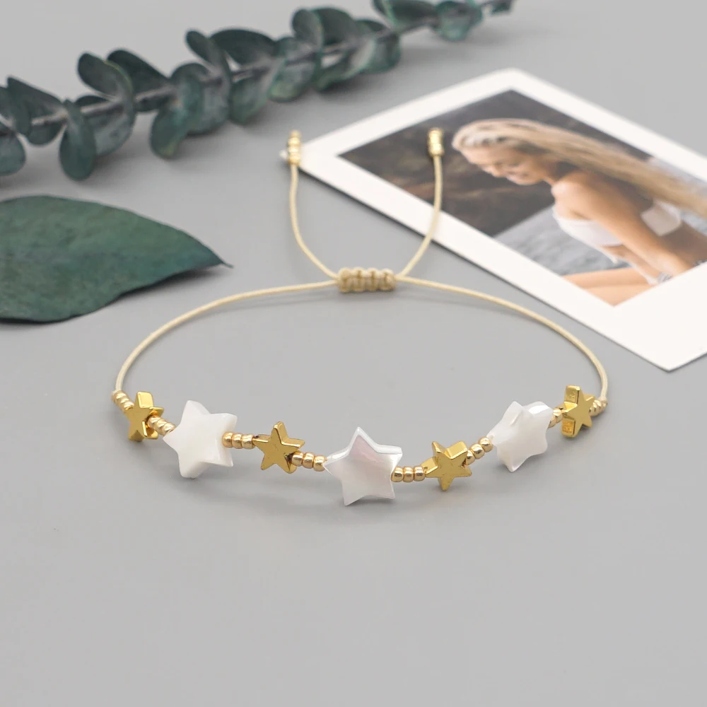 Go2Boho Hematite Stone Gold Color Star Charm Bracelets Tiny Bracelet For Women Shell Star Pulseras Adjustable String Jewelry