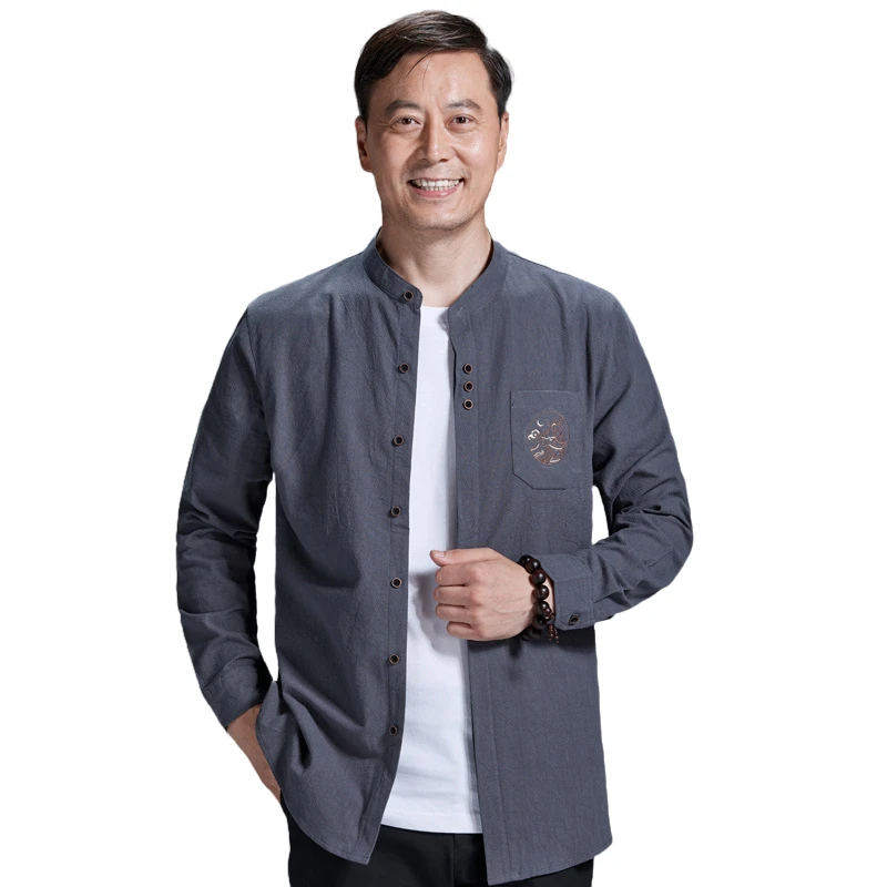 

Latest Design Fashion 100% Cotton Casual Chinese Style Mandarin Collar Button Pocket Long Sleeve Shirts