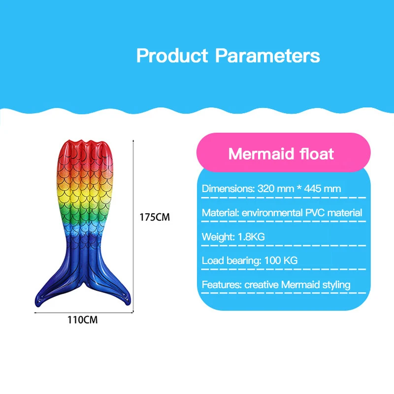

175cm Mermaid Float Pool Inflatable Circle Colorful Air Mattress Fish Shape Floating Boat Children Swimming Pool Water Play Toy