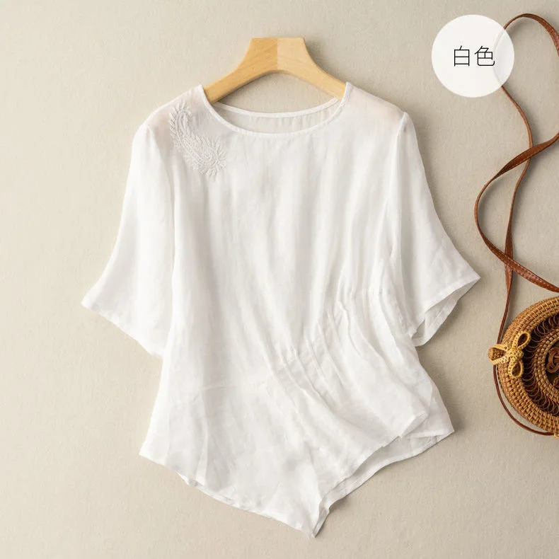 

2021 Spring and Summer New Embroidery Cotton and Linen Shirt Literary Retro Japanese Cotton and Linen T-shirt Loose Temperament