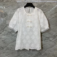 new 2021 summer hot sale blouses high quality women hollow out embroidery short sleeve casual white tops ladies vintage tops