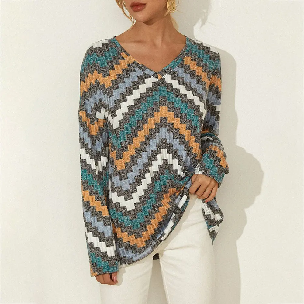 Женская футболка с цветочным принтом и длинным рукавом Повседневная полосатая