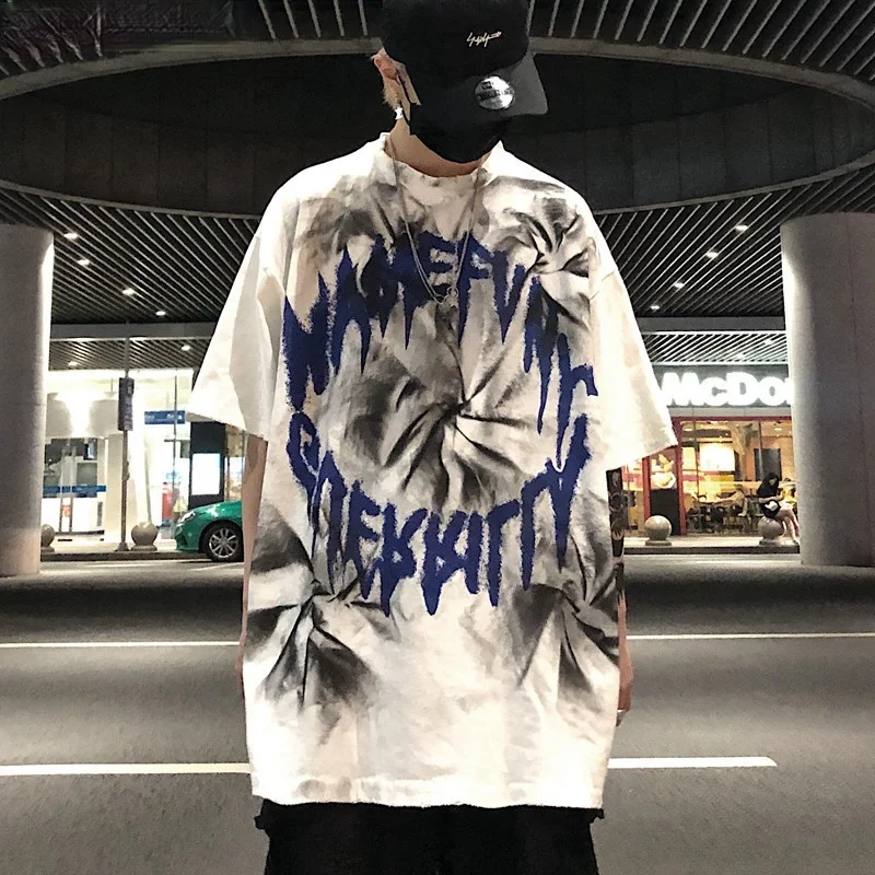

Hip Hop Tie Dyed T Shirt Streetwear Men Cool White Japan Harajuku 2021T shirt Summer High Street Short Sleeve Tops Tees