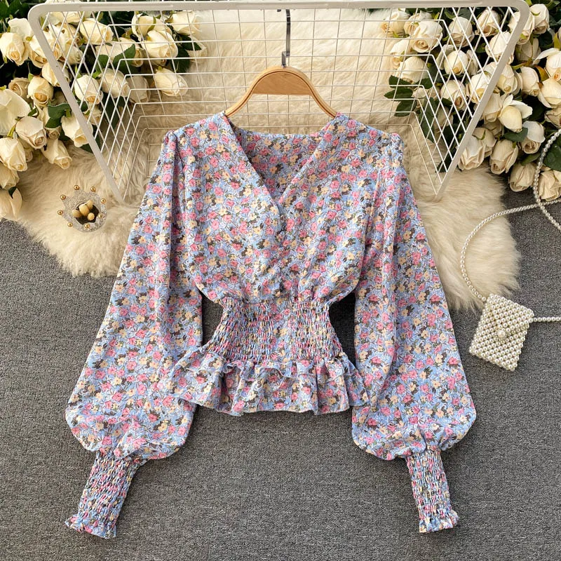 

Женские новые модные туфли в стиле ретро, Цветочный принт топы Крест с v-образным вырезом с длинным рукавом t-рубашка кофта с эластичной рези...