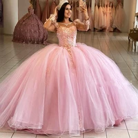 pink glitter quinceanera prom dresses long sleeve 3d flower sweet 16 dress princess crystal vestidos masquerade dress