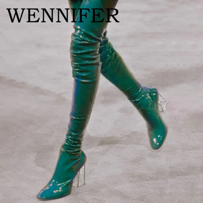 

2021 Women's Patent Leather Over the Knee Boots Round-Toe Thigh High Heel Transparent Chunky Shoes Female Runway Banquet Botas
