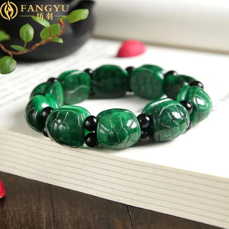 Natural jade carved tortoise shell hand string dried green jade turtle trendy men's women's lucky jewelry bracelet