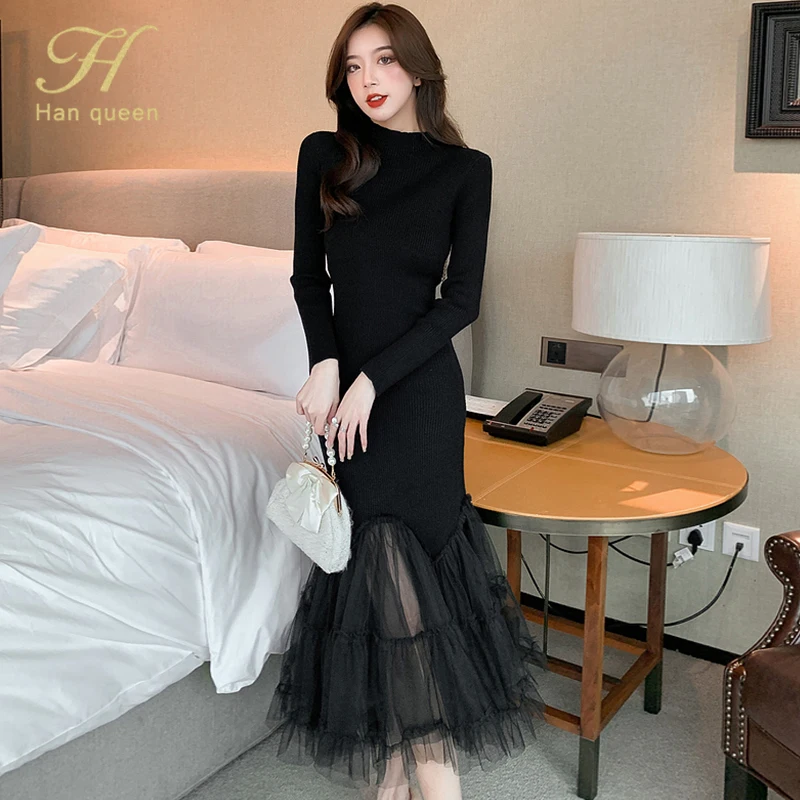 H Han Queen 2022 New Elegant Mesh Stitching Mermaid Dress Women Black Slim Sheath Mid Dresses Simple Office Wear Party Vestidos
