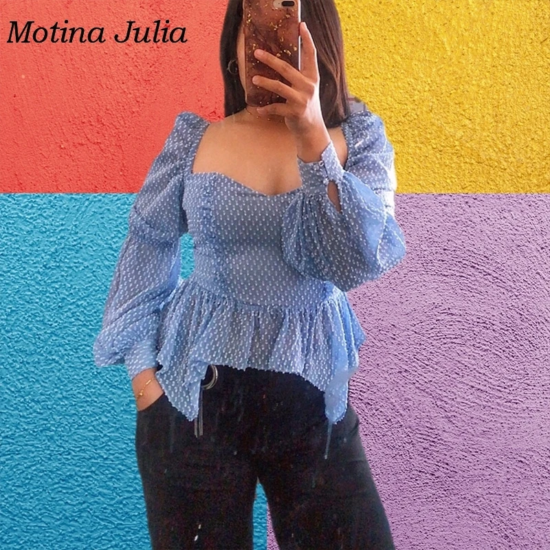 Motina Julia 2019 синяя шифоновая жаккардовая блузка женская рубашка с квадратным