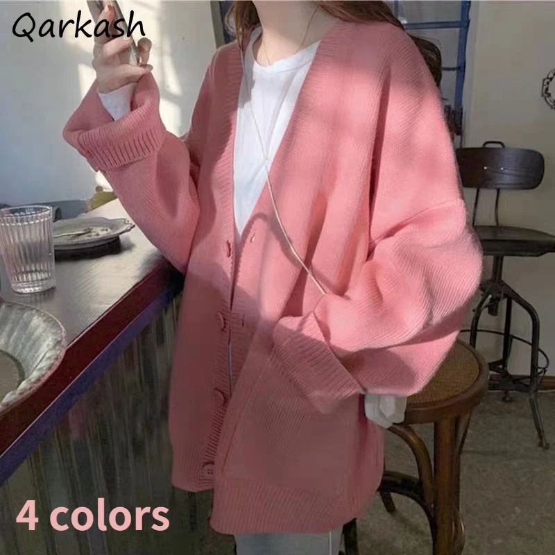 

Cardigan Women V-neck Loose Preppy Pure Color Simple Classic Comfortable Sweet Pockets Leisure Japan Style Knitwear Mujer Ins