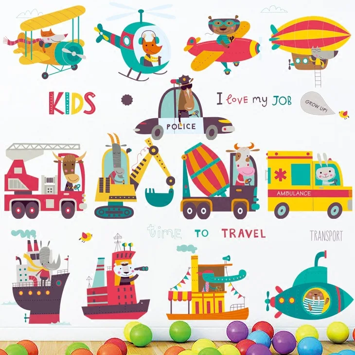 Мультяшный инженерный автомобиль вертолет детская комната настенные наклейки