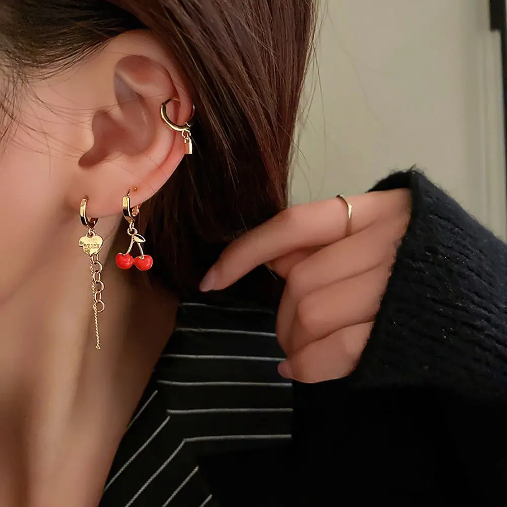 

Alloy Cross Female Cherry Lock Tassel Women Hoop Earrings Dangle Earrings Set Korean Style Earrings Fashion Jewelry