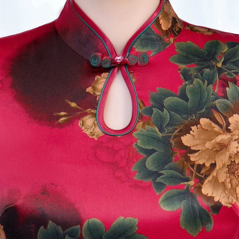 

2020 spring summer new mulberry silk peony Short sleeve chinese Traditional Elegant women's Slim and slim long cheongsam dress
