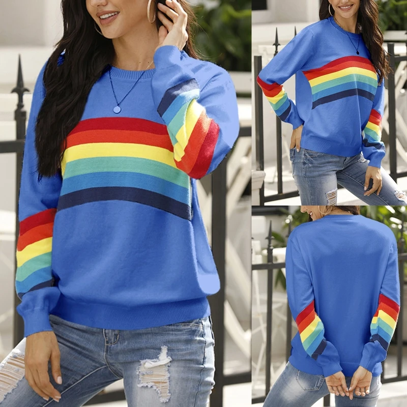 

Women Long Sleeve Crew Neck Sweater Rainbow Striped Loose Pullover Knitwear Tops D08E