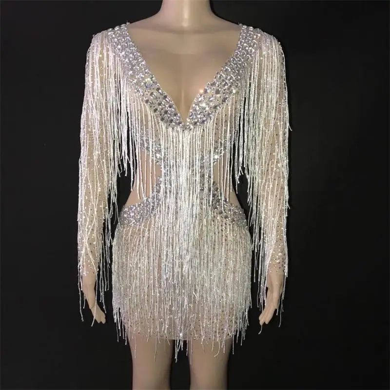 

Sparkly Women Sexy Long Sleeve Rhinestone Dress 2021 Birthday Party Celebrity Evening Gown Female Tassel Singer Stage Costume