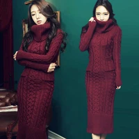 winter knit dresses 2022 europe long sleeve turtleneck casual slim warm maxi sweater dress korean women chic womens clothing