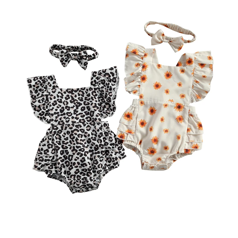 

0-24M Baby Girls Printed Romper Fashion 2pcs Leopard/Sunflower Print Ruffled Sleeve Square Neck Backless Triangle Playsuit