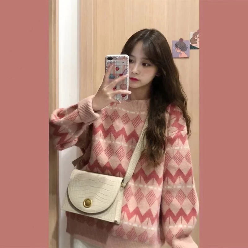 

Cmaz Japanese-style Retro Diamond Plaid Pink Sweater Women's Loose Knitted Pullover Lazy Fall and Winter Outer Wear New 2021