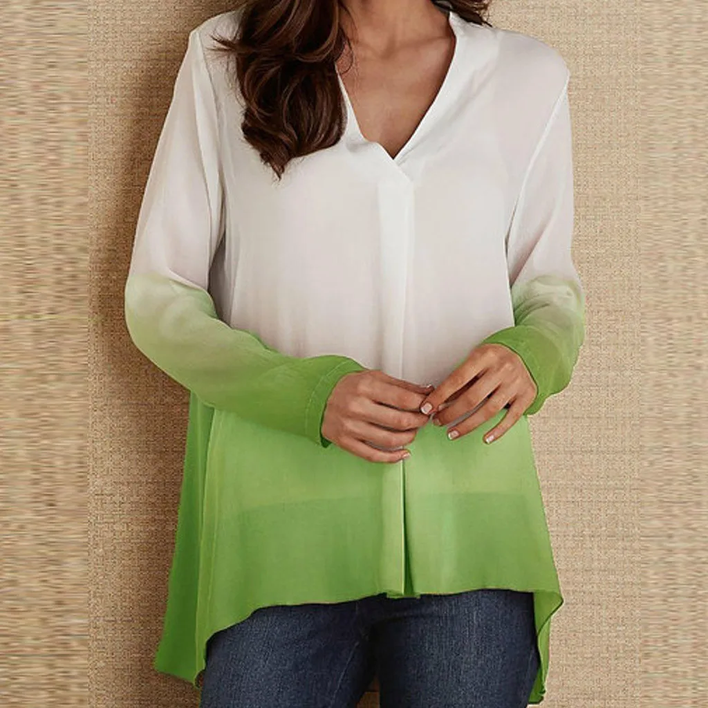 Женские топы и блузки со страусом Однотонные с v-образным вырезом длинным рукавом