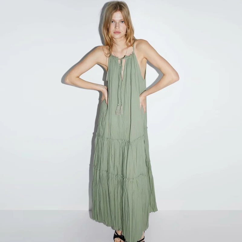 Женское Хлопковое платье-макси с кисточками без рукавов | Женская одежда