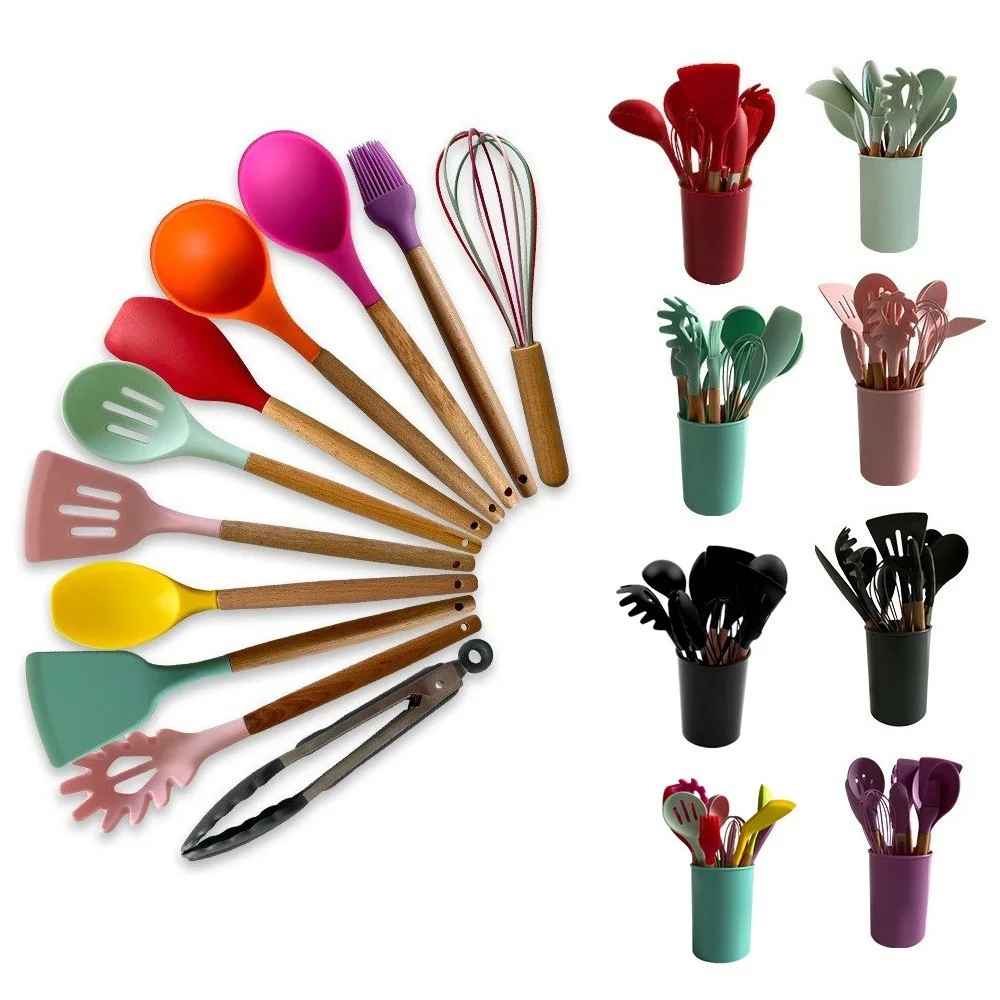 

Best Kitchen Tool Silicone Cooking Utensils Set Non-stick Cookware With Wooden Handle Shovel Spoon Soup Cooking 11pcs/set