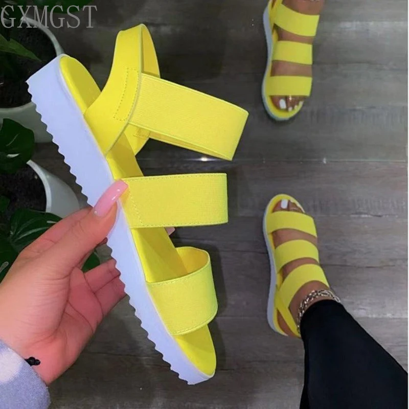 

Casual and comfortable all-match Hollow elastic band buckle Trifle bottom women's sandals Solid color plus size women's sandals