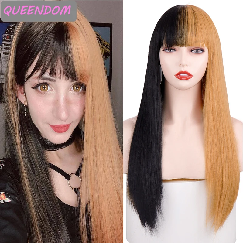 

Парик для косплея 24 дюйма, Длинные Синтетические волосы с половинной черной, оранжевой, синей, фиолетовой, с челкой, натуральный термостойки...