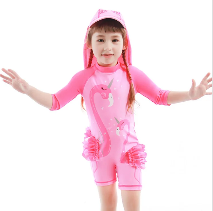 

2020 Zipper Children Rabbit Print Swimwear Toddler Kids Swim Suit Baby Beachwear Girls Short Sleeves One Piece Swimsuit Pink