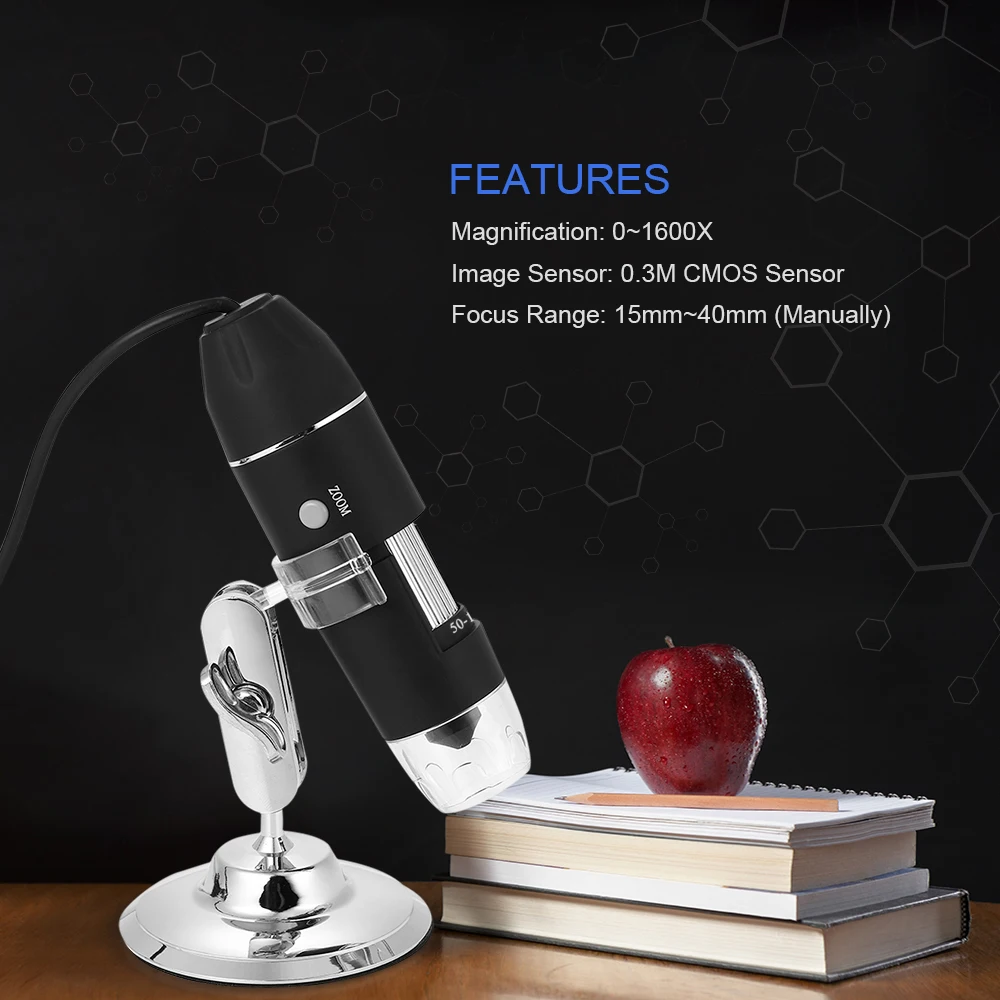 

1600X Magnification USB Digital Microscope with OTG Function Endoscope 8-LED Light Magnifying Glass Magnifier with Stand