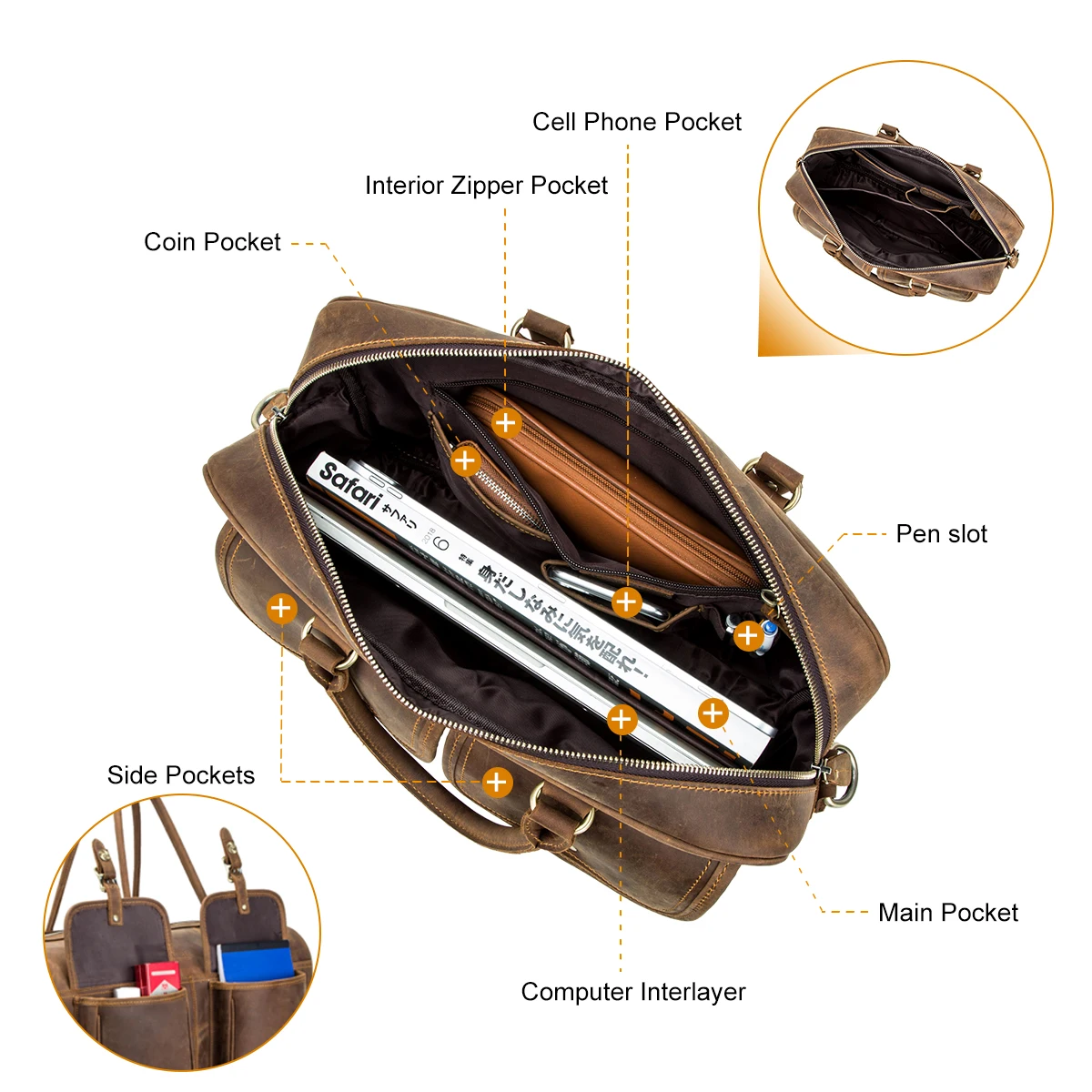 Contacts Men's Briefcases Crazy Horse Leather Shoulder Messenger Bag Male Portfolio 13