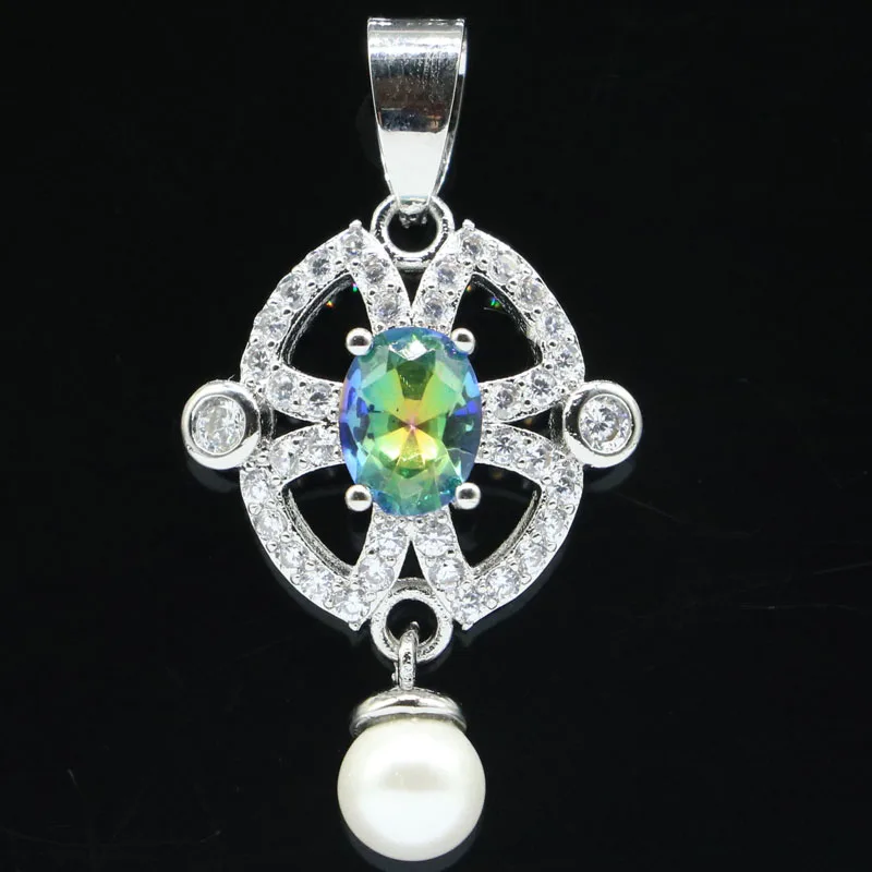 

35x19mm New Design Created Fire Rainbow Topaz Green Peridot White Pearl CZ Woman's Jewelry Silver Pendant