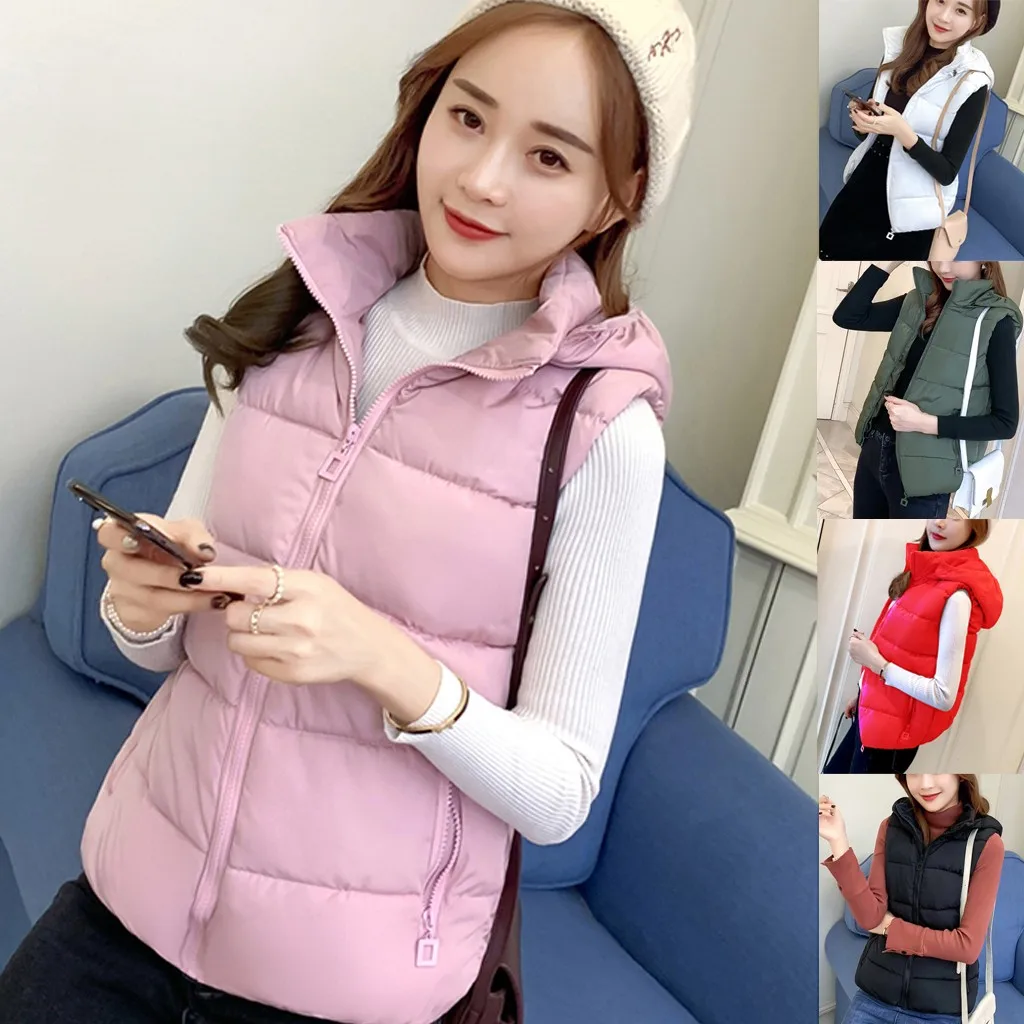 5 цветов Модный Женский теплый однотонный Жилет с капюшоном хлопковая короткая