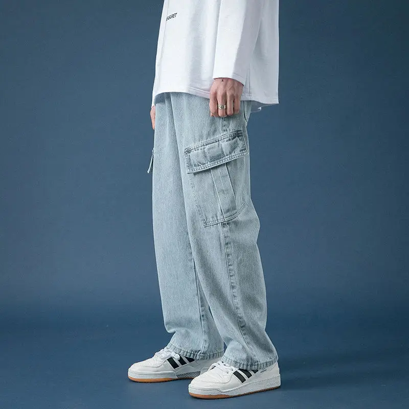 

Spring Autumn Tooling Jeans Men Korean Fashion Loose Casual Jeans Men Harajuku Streetwear Retro Wide-leg Straight Jeans Men