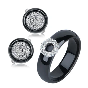 Bling CZ Кристалл Круг геометрический для женщин Ювелирные наборы для женщин никогда не выцветает здоровые керамические серьги кольца на палец обручение подарок - Окраска металла: Black