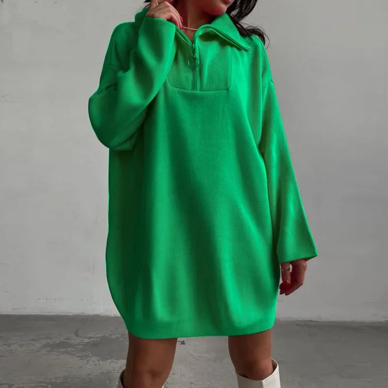 

Loose Zipper Knitted Sweater Green Casual Polo Collar Long Sleeve Oversized Ribbed Pullover Female Fashion Thick Warm Jumper Y2k