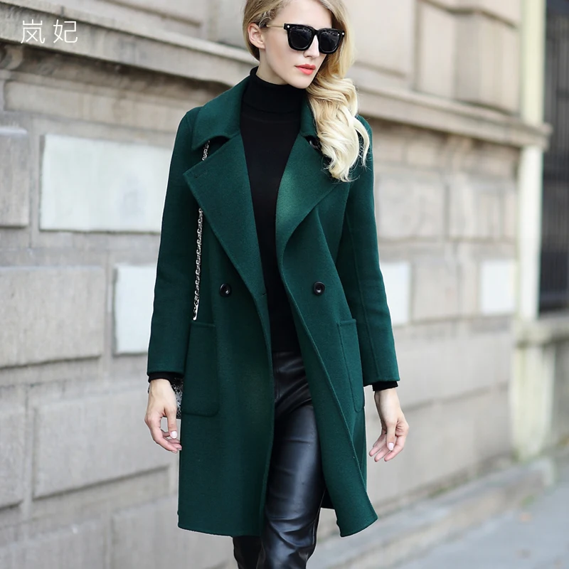 dark green AYUNSUE шерстяное пальто Женская куртка осенне-зимнее пальто женское двухстороннее шерстяное пальто винтажное длинное китайский, из натурального нефрита Femme MY4252 - Цвет: dark green