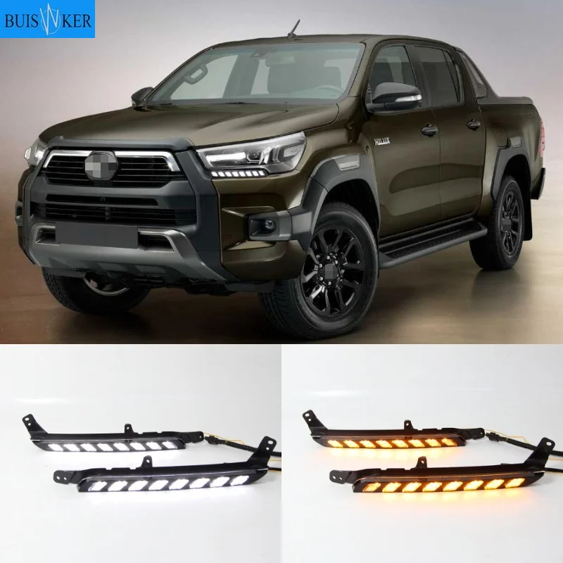 

Автомобисветодиодный светодиодные фары, 1 пара, дневные ходовые огни для Toyota Hilux Revo Rocco 2020, 2021, дневные огсветильник с желтым сигналом поворота