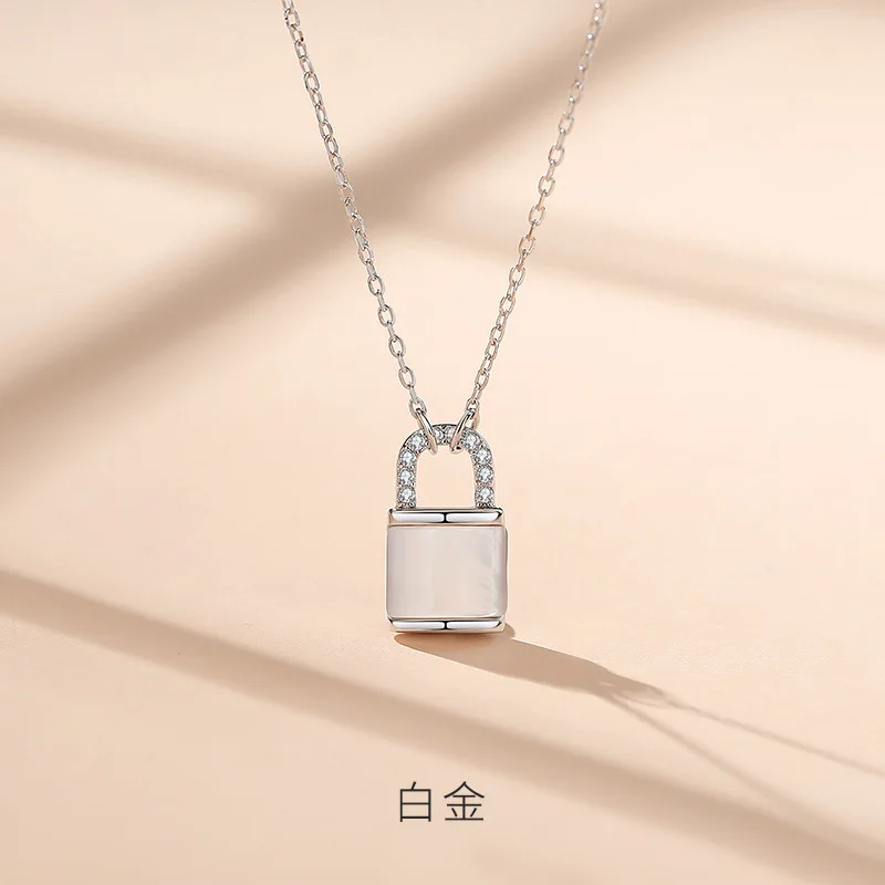 

New S925 Sterling Silver Necklace Female Korean Fashion Design Shell Stone Small Lock Pendant Clavicle Chain