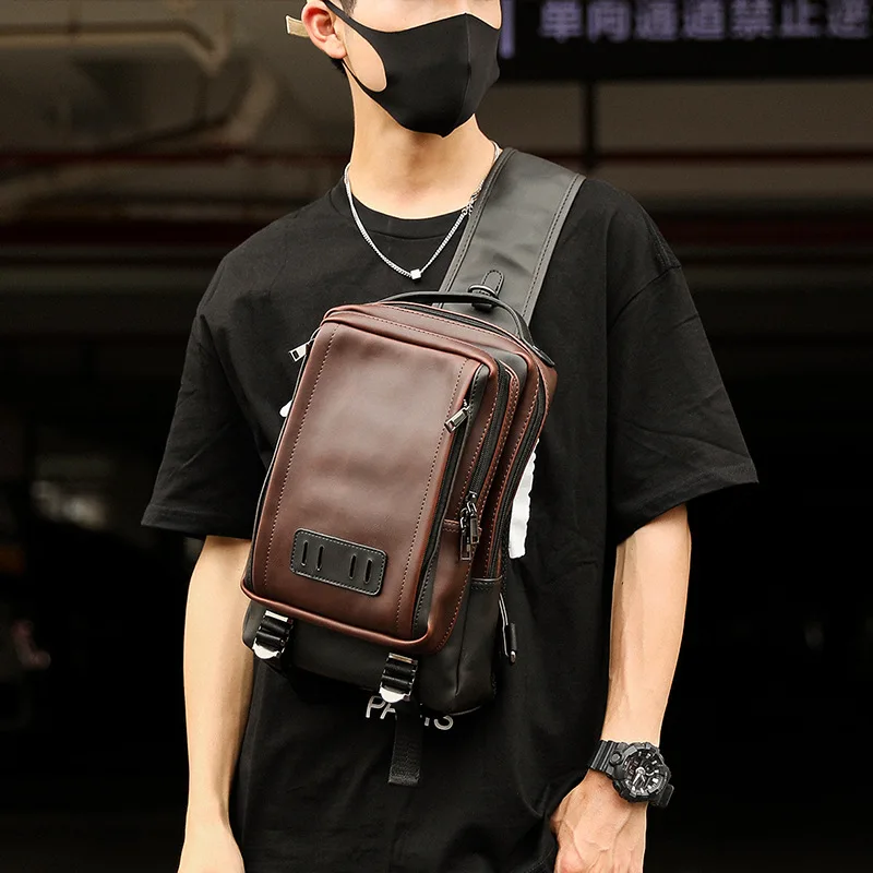 

High Quality Men Chest Pack PU Leather Sling Crossbody Bag Male Multifunction Big Chest Bag Teens Single Shoulder Bag Daypack