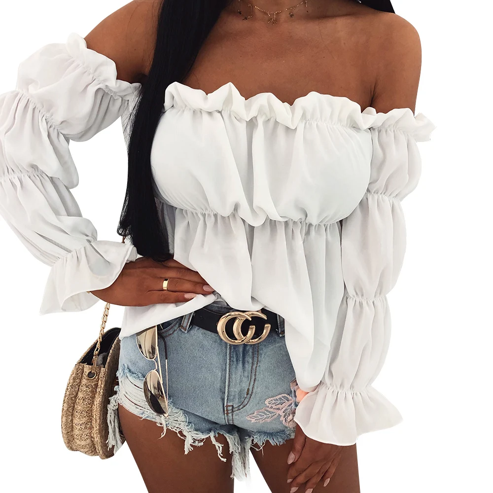 Стильный женский топ с открытыми плечами дамское платье рукавами в колокол