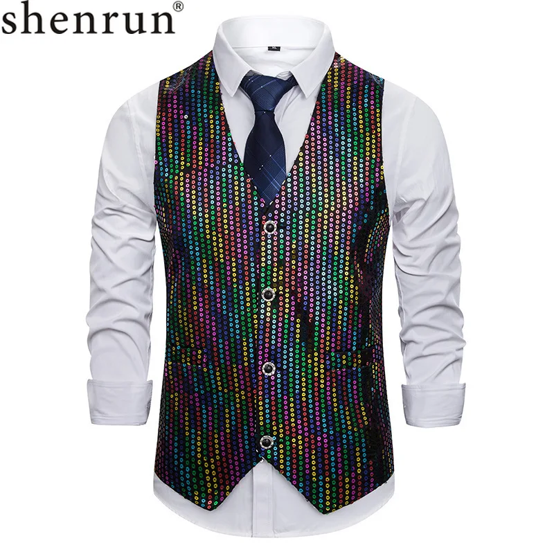 

Shenrun Men Sequin Vest Fashion Single Breasted Waistcoat Casual Vest Stage Dress Party Prom Host Singer Drummer Musician Ball