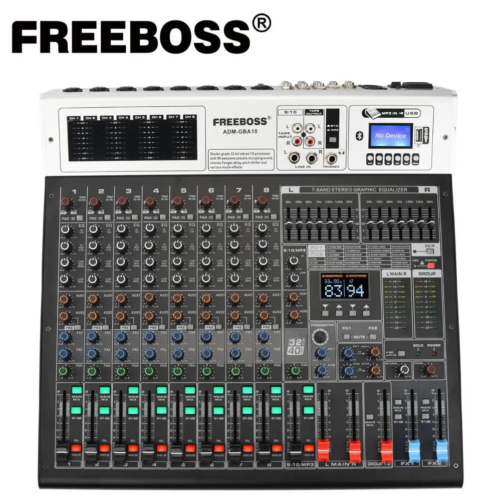 

Freeboss телефон, 10 каналов, 48 В, фантомное питание, эффект восстановления, USB, воспроизведение и запись, Bluetooth, караоке, DJ-консоль, 99DSP, аудиомикшер