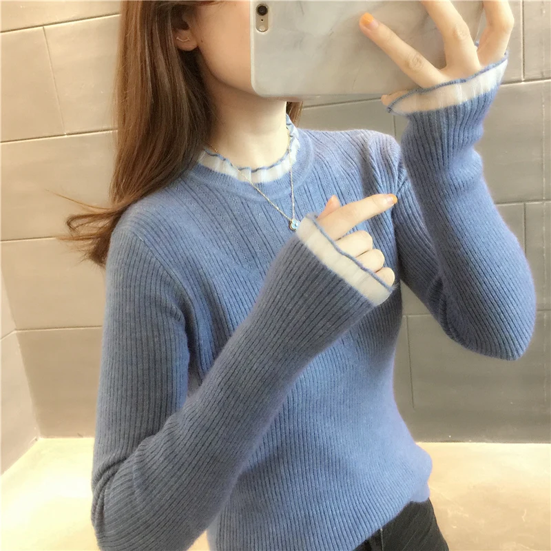 

21076 real shooting solid color lace splicing Pullover bottom shirt [1133] 39