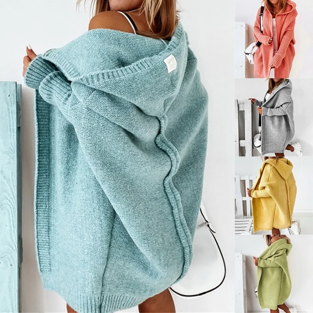 

Women Korean Fashion Loose Long Sleeve Sweaters Autumn Mid-length Winter Cardigan Female Loose Hooded Sweater Women's Jacket