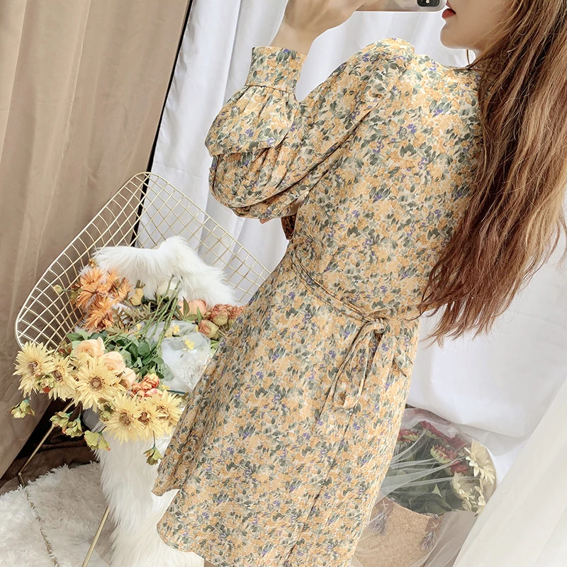 

Women Floral Print Boho Party Dress Sexy V Neck Long Sleeve Spring Clothes With Waist Tie Elegant Day Dresses 2021