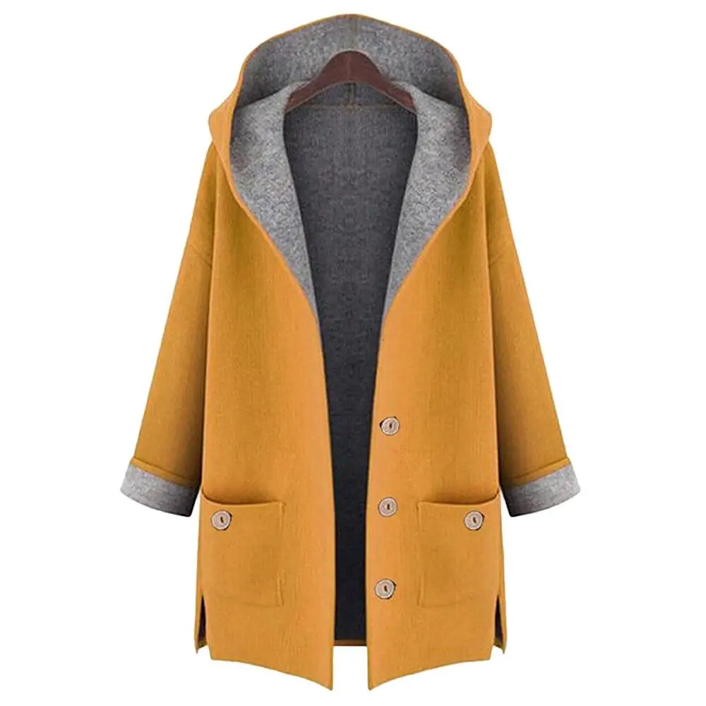 

Autumn Winter Long Coat Women Plus Size 5XL Fashion Solid Hooded Long Sleeve Button Pocket Splice Overcoat