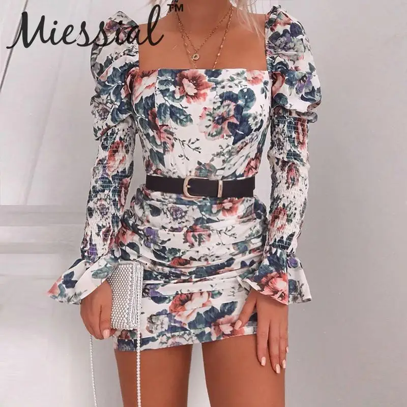 Miessial винтажное мини платье с длинным рукавом и цветочным принтом женское